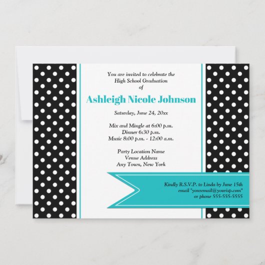 Black White Blue Polka Dot Photo Afstuderen Invite Kaart (Achterkant)