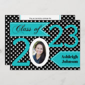 Black White Blue Polka Dot Photo Afstuderen Invite Kaart (Voorkant / Achterkant)