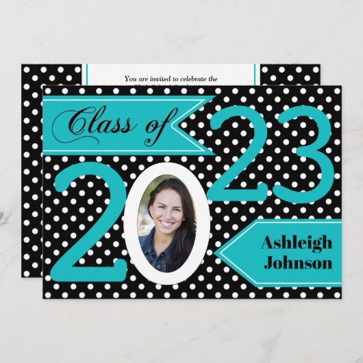 Black White Blue Polka Dot Photo Afstuderen Invite Kaart (Voorkant / Achterkant)