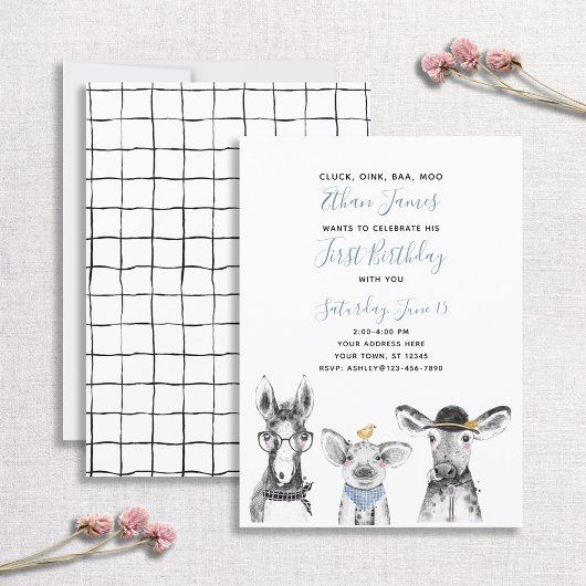 Black White Blue Script Boerderij 1st Birthday Par Kaart