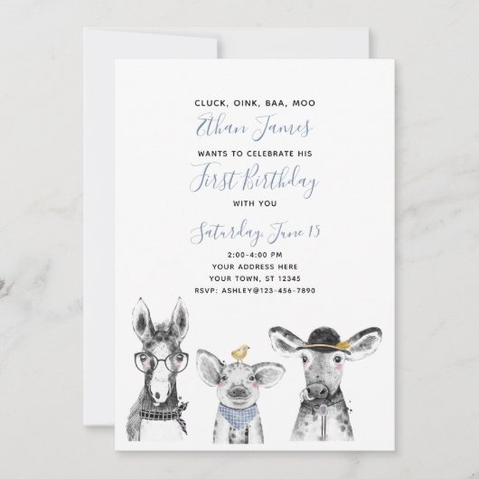 Black White Blue Script Boerderij 1st Birthday Par Kaart (Voorkant)