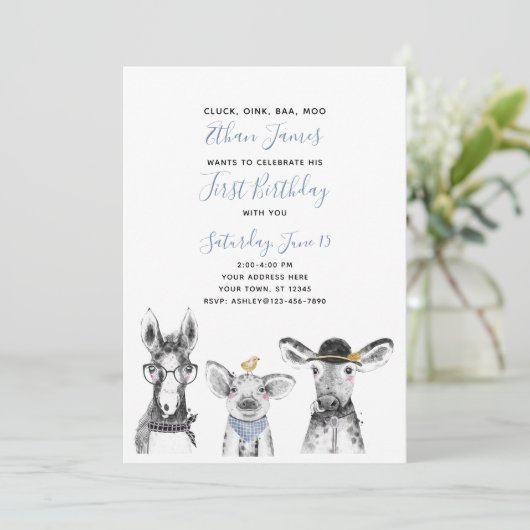 Black White Blue Script Boerderij 1st Birthday Par Kaart (Staand voorkant)
