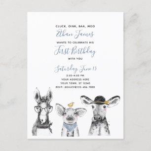 Black White Blue Script Boerderij Birthday Invitat Uitnodiging Briefkaart