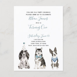 Black White Blue Script Boy's 1st Birthday Party Uitnodiging Briefkaart