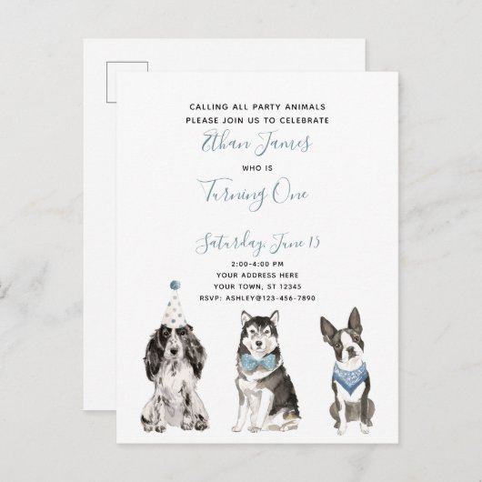 Black White Blue Script Boy's 1st Birthday Party Uitnodiging Briefkaart (Voorkant / Achterkant)