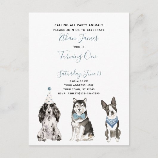 Black White Blue Script Boy's 1st Birthday Party Uitnodiging Briefkaart (Voorkant)