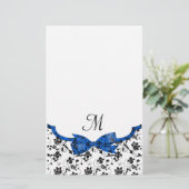 Black White & Blue Wedding Satin Floral Briefpapier (Staand voorkant)