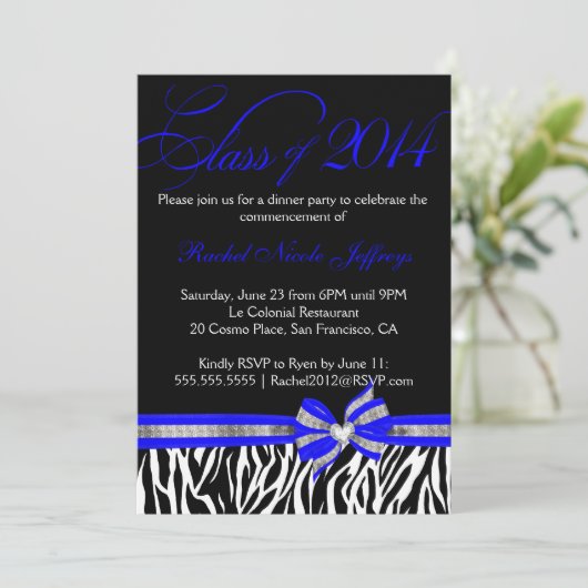 Black White Blue Zebra 2014 Afstuderen Uitnodiging (Staand voorkant)