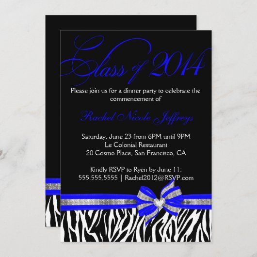 Black White Blue Zebra 2014 Afstuderen Uitnodiging (Voorkant / Achterkant)
