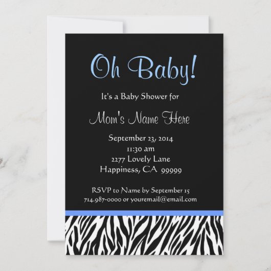 Black White Blue Zebra Print Baby shower Kaart (Voorkant)
