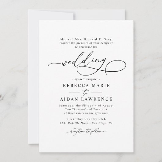 Black White Blush Elegant Script Modern Wedding Kaart (Voorkant)