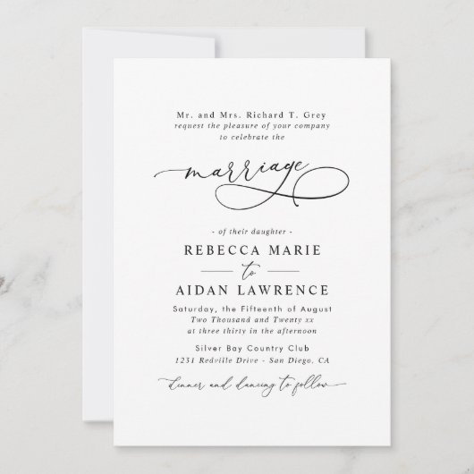 Black White Blush Elegant Script Moderne huwelijk Kaart (Voorkant)