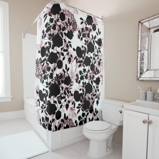 Black White Blush Pink Floral Toile Modern Douchegordijn (In situ)
