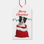 Black White Border Collie Puppy in Santa Bag Cadeaulabel (Voorkant)