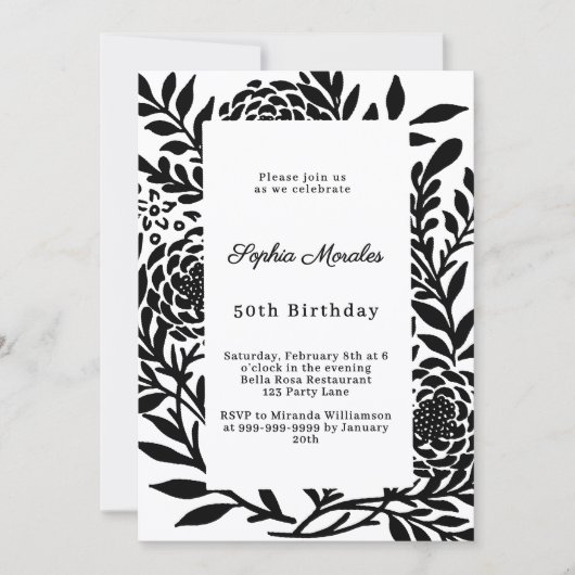 Black white botanical birthday kaart (Voorkant)