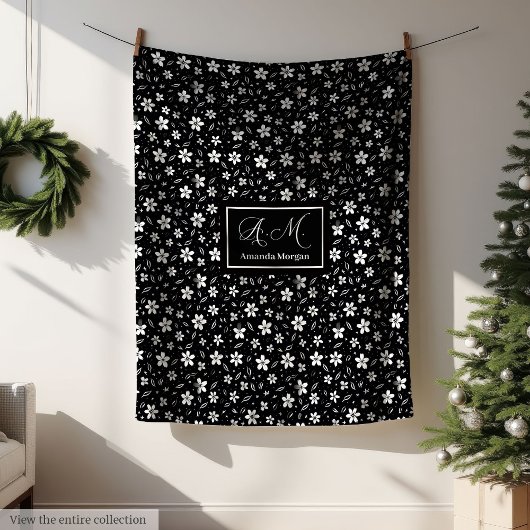 Black White Botanical Blanket Personalized Minimal Fleece Deken