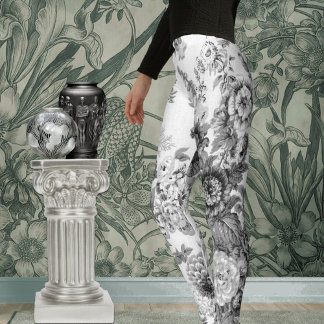 Black White Botanical Floral Toile Leggings