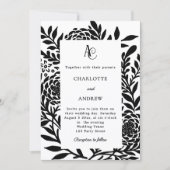Black white botanical modern monogram wedding kaart (Voorkant)