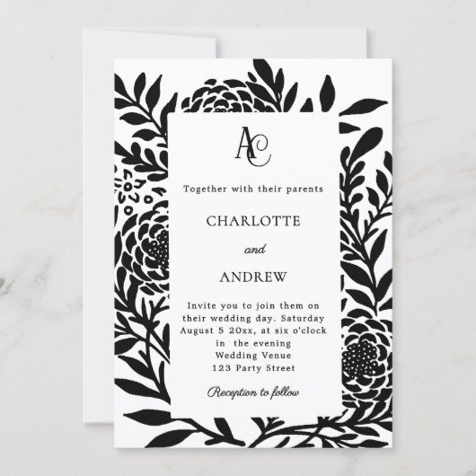 Black white botanical modern monogram wedding kaart (Voorkant)