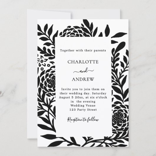 Black white botanical modern wedding kaart (Voorkant)