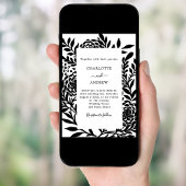Black white botanical modern wedding kaart