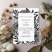 Black white botanical modern wedding kaart