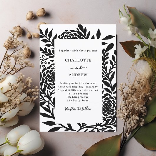 Black white botanical modern wedding kaart
