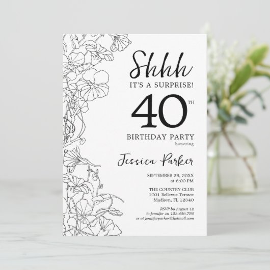 Black White Botanical Surprise 40th Birthday Kaart (Staand voorkant)