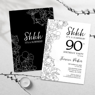 Black White Botanical Surprise 90th Birthday Kaart