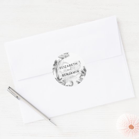 Black White Botanical Wedding Ronde Sticker (Envelop)