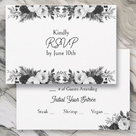 Black & White Botanical Wedding RSVP and Meals Kaartje