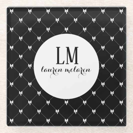 Black & White Bow Monogram Glazen Onderzetter (Voorkant)
