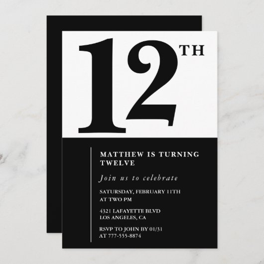 Black White Boy 12e verjaardag uitnodiging Eenvoud (Voorkant / Achterkant)