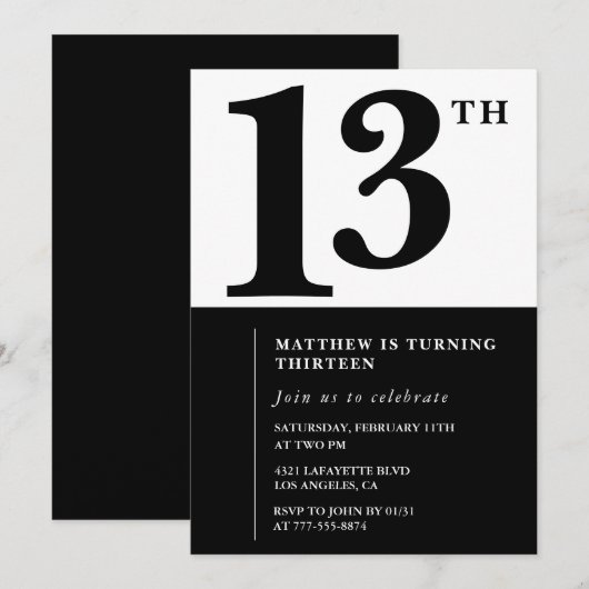 Black White Boy 13e verjaardag uitnodiging Eenvoud (Voorkant / Achterkant)