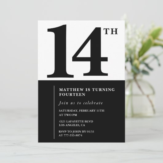 Black White Boy 14e verjaardag uitnodiging Eenvoud (Staand voorkant)