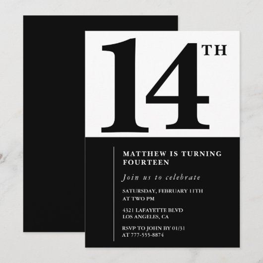 Black White Boy 14e verjaardag uitnodiging Eenvoud (Voorkant / Achterkant)