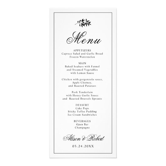 Black white branch Old Money wedding menu card (Voorkant)
