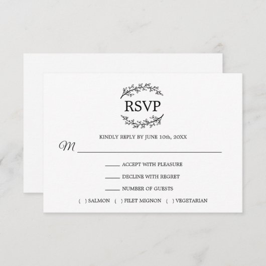 Black White Branches Monogram MENU RSVP (Voorkant / Achterkant)