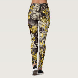 Black White Brown Tones Gold Floral Toile Leggings