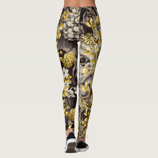 Black White Brown Tones Gold Floral Toile Leggings (Achterkant)