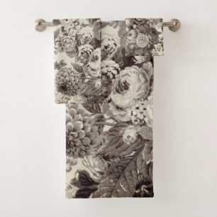Black White Buff Antiek Tone Floral Toile Bad Handdoek