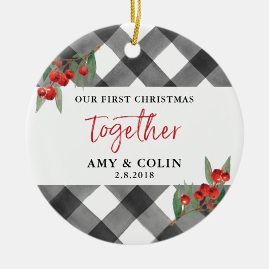 Black White Buffalo Check First Kerstmis Together Keramisch Ornament (Voorkant)