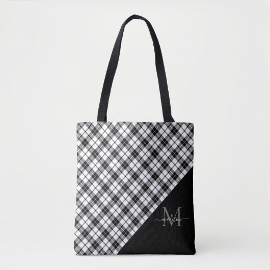 Black White Buffalo Check Plakt Elegant Monogram Tote Bag (Voorkant)