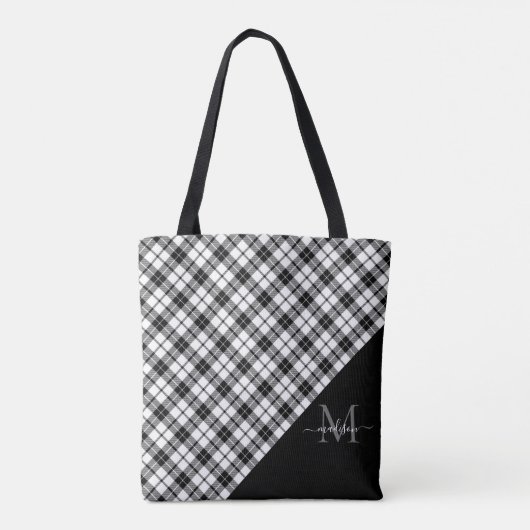 Black White Buffalo Check Plakt Elegant Monogram Tote Bag (Achterkant)