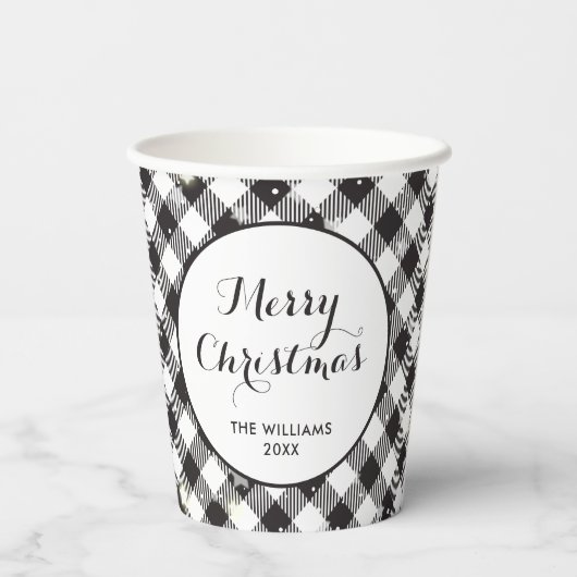 Black White Buffalo Plaid Familie Kerstfeest Papieren Bekers (Achterkant)
