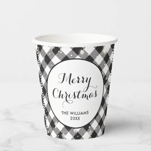 Black White Buffalo Plaid Familie Kerstfeest Papieren Bekers (Voorkant)