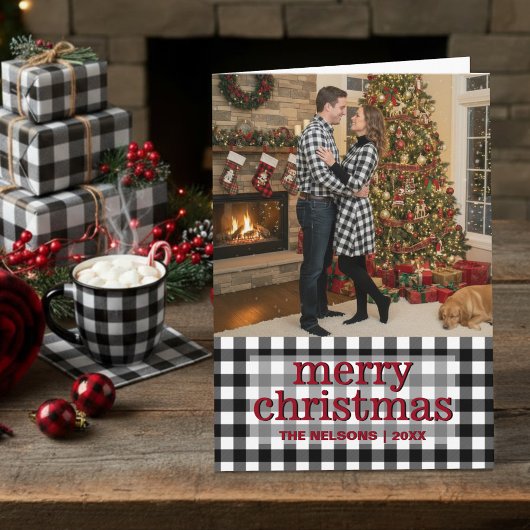 Black & White Buffalo Plaid Merry Christmas Photo Feestdagen Kaart