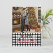 Black & White Buffalo Plaid Merry Christmas Photo Feestdagenkaart (Staand voorkant)