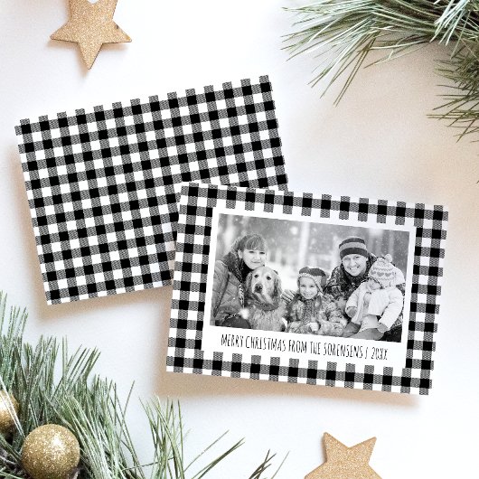 Black & White Buffalo Plaid Photo Christmas Feestdagenkaart