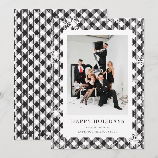 Black White Buffalo Plaid Sneeuwvlok Fotobedrijf Feestdagenkaart (Voorkant / Achterkant)